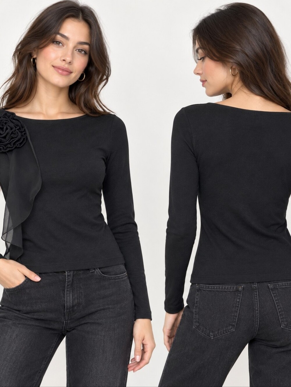Zara Black Rosette Long Sleeve Top XS Romantic Minimalist Y2K Dark Feminine